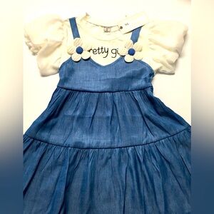 NEW Banbino Girls Dress Size 5 “Pretty Girl” White Blue Puff Sleeves